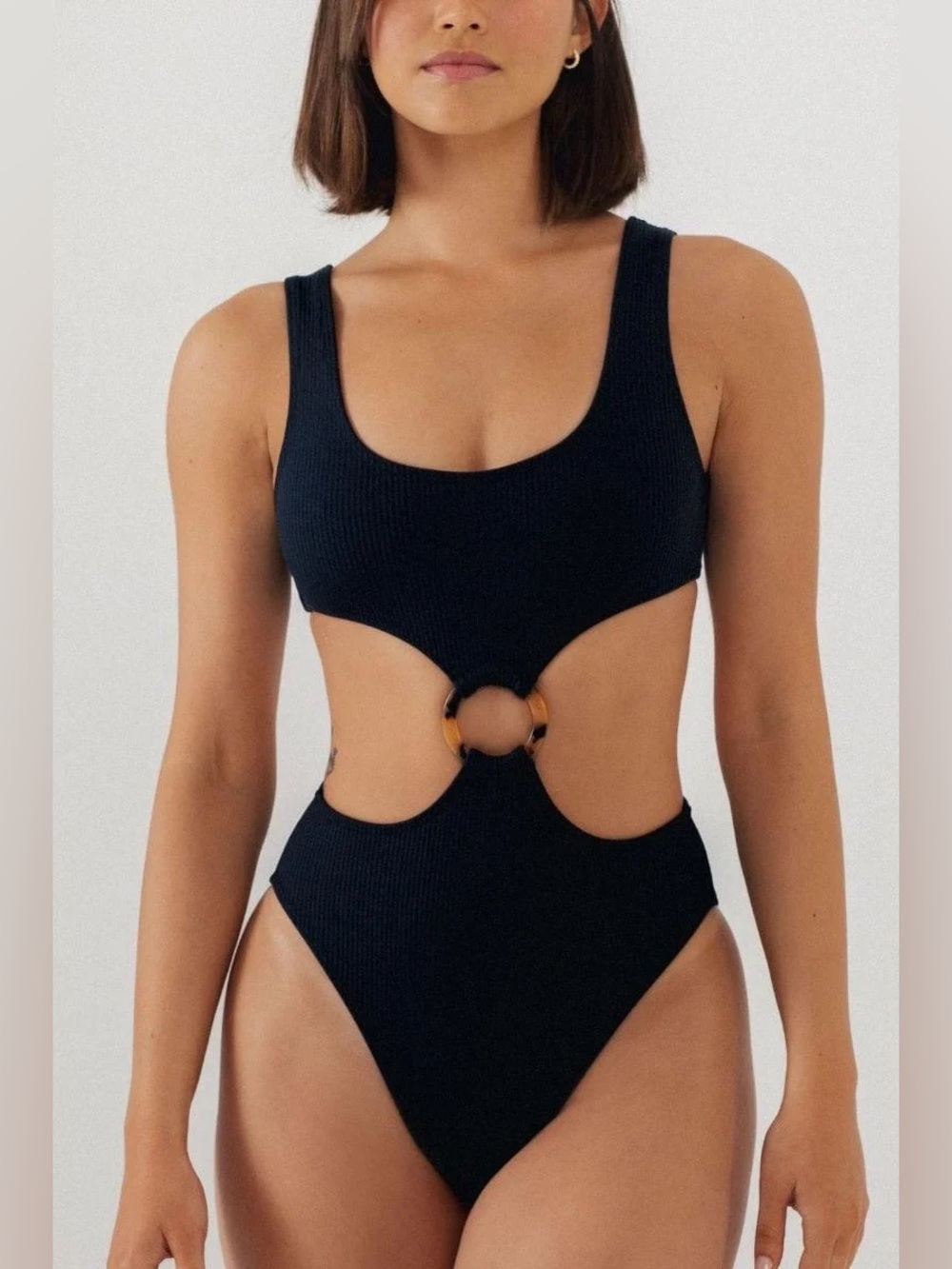 Montce Ky Black Ribbed Cutout Cheeky One-Piece Swimsuit with Tortoiseshell Ring